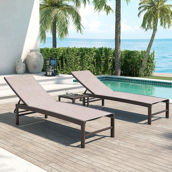 Crestlive Products 3-Piece Beige Adjustable Aluminum Metal Leisure Outdoor Chaise Lounge Set with Square Side Table