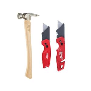 19 oz. Wood Milled Face Hickory Framing Hammer with FASTBACK Folding Utility Knife Set (3-Piece)