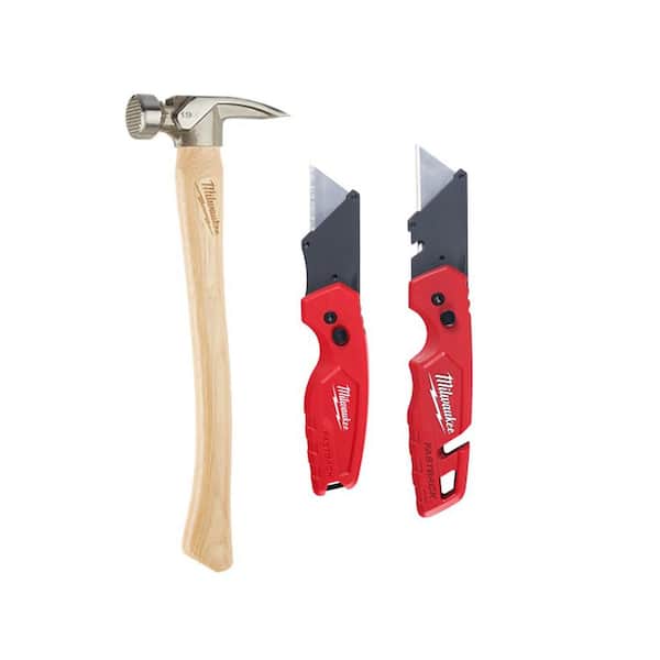 Milwaukee 19 oz. Wood Milled Face Hickory Framing Hammer with FASTBACK Folding Utility Knife Set (3-Piece)