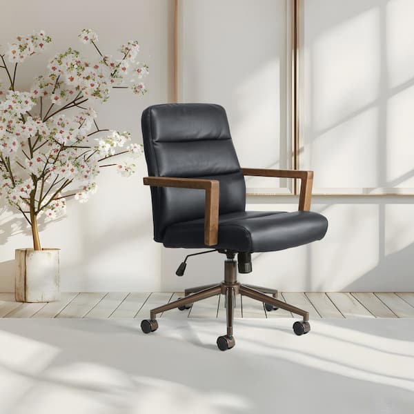 Henfield Faux Leather Upholstered Office Chair in Black with Dark Wood Arms