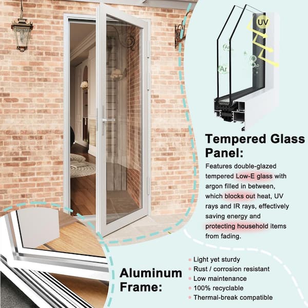 36 in. x 80 in. Left Swing/OutSwing Single Tempered Glass White Aluminum Patio Door