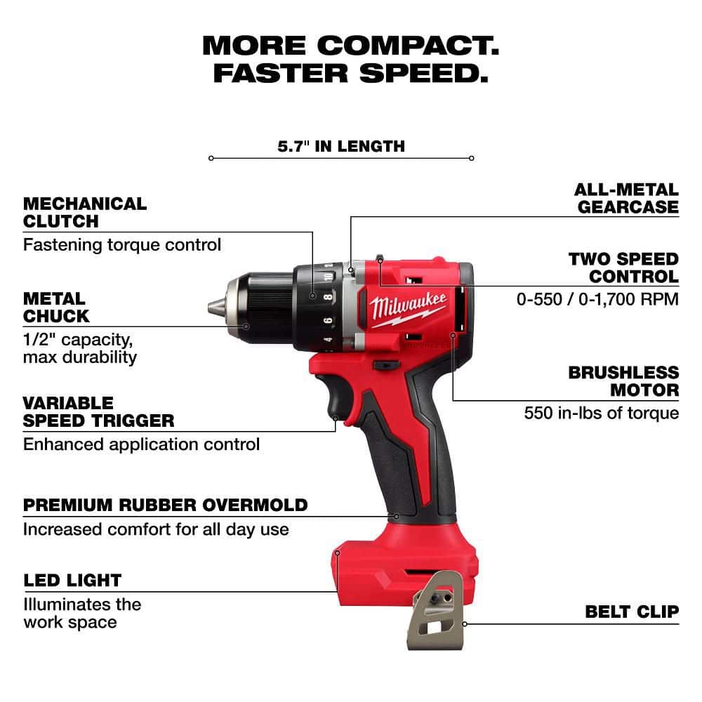 Milwaukee M18 18V Lithium Ion Brushless Cordless 1/2 in. Compact Drill Driver Tool Only - Image 3