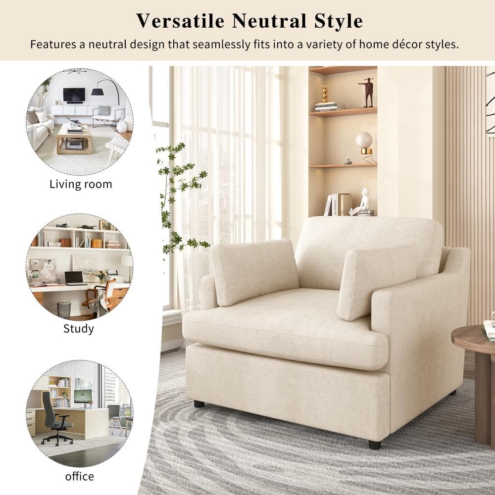 Beige Barrel Accent Chair with Wood Frame and Cushions