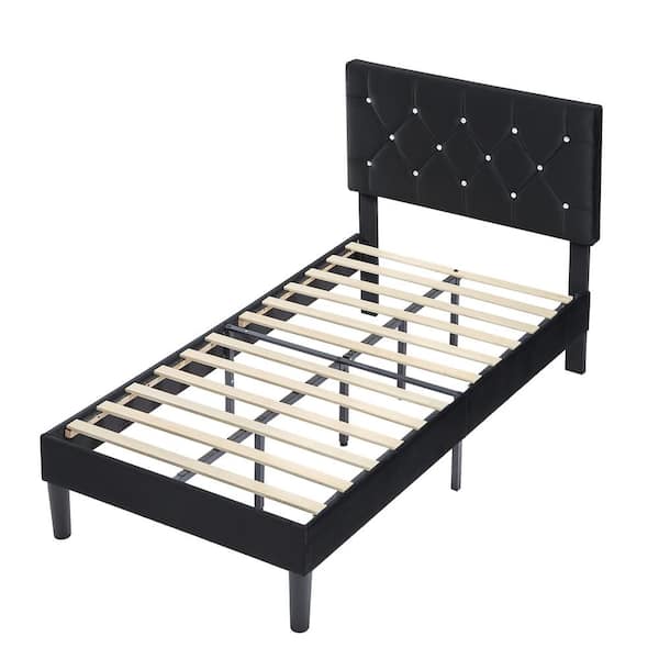 VECELO Upholstered Bed, Platform Bed with Adjustable Headboard, Wood Slat Support, No Box Spring Needed, Twin Black Bed Frame