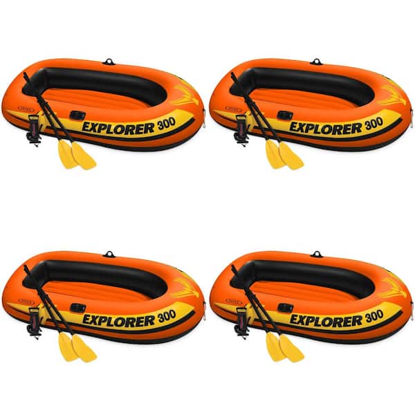 Intex Explorer 300 6.92 ft. Compact Inflatable 3 Person Raft Boat with Pump and Oars (4-Pack), 83 in. x 46 in. x 16 in.