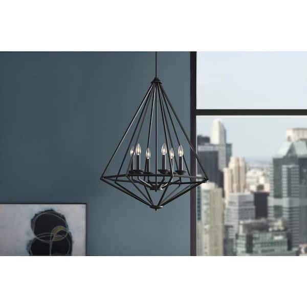 Home Decorators Collection Hubley 6-Light Triangular Black Pendant Light Fixture with Metal Cage Shade