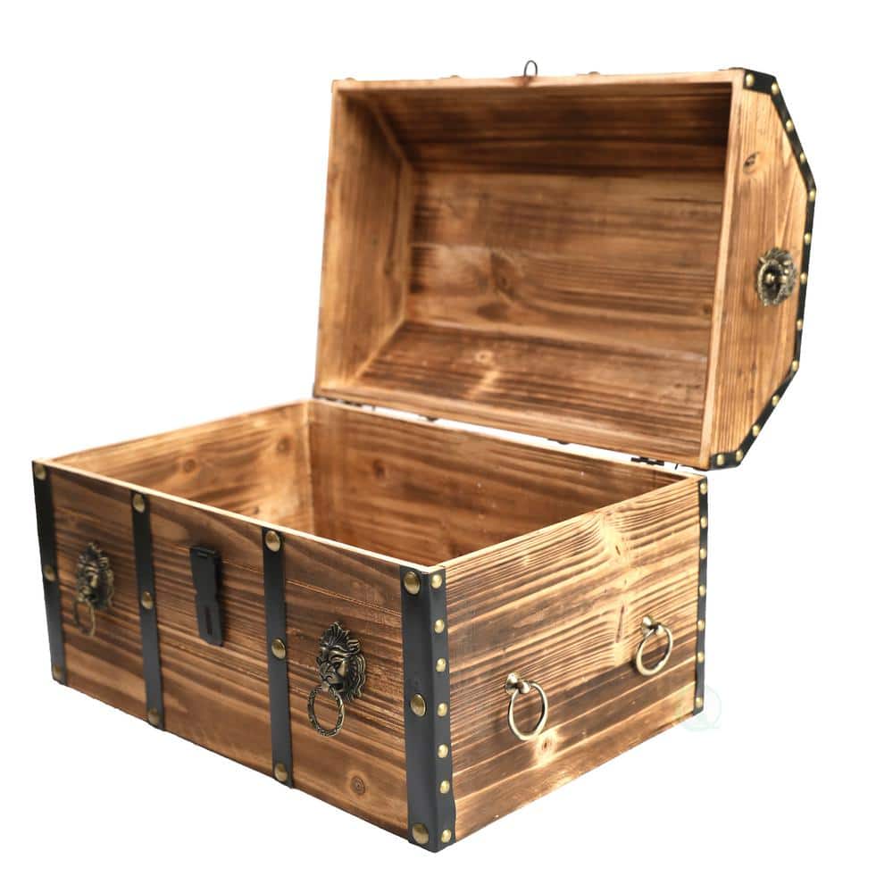 Large Rustic Wooden Pirate Trunk with Lion Rings and Lock
