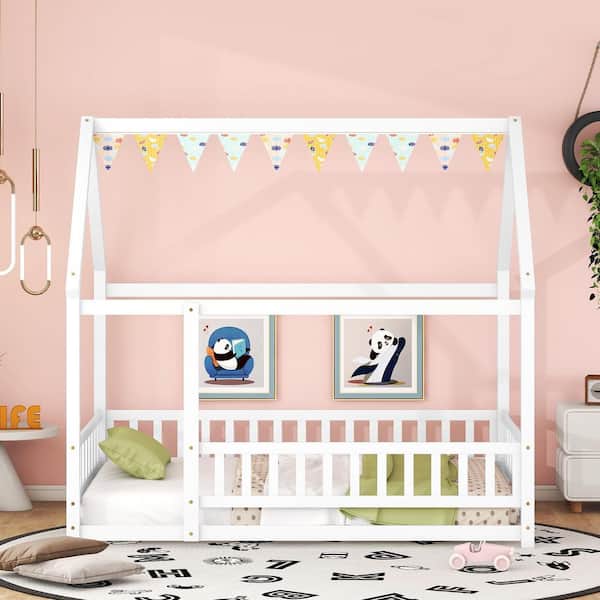 White Full Size Wood House Floor Bed with Fence Guardrails Playhouse Bed Frame Montessori House Bed for Kids