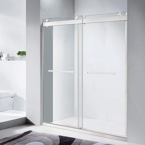 72 in. W x 76 in. H Freestanding Double Sliding Frameless Shower Door /Enclosure in Brushed Nickel with Clear Glass