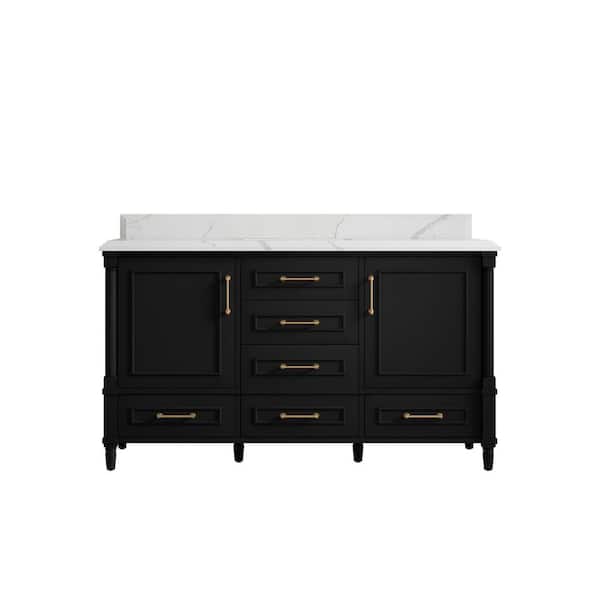 Willow Collections Hudson 60 in. W x 22 in. D x 36 in. H Single Sink Bath Vanity in Black with Cove Edge Calacatta Qt. Top