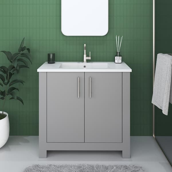 VOLPA USA AMERICAN CRAFTED VANITIES Austin 36 in. W x 20 in. D Bath Vanity in Gray with Acrylic Vanity Top in White with White Basin