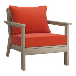 Birchwood Outdoor Patio Deep Seating HDPE Plastic Lounge Chair in Weathered Wood with Orange Cushions