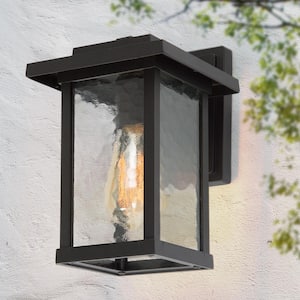 1-Light Black Modern Farmhouse Outdoor Wall Lantern Sconce with Water Glass Shade