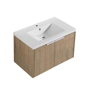 29.50 in. W x 18.12 in. D x 19.25 in. H Floating Wall-Mounted Bath Vanity in Imitative Oak with White Resin Top