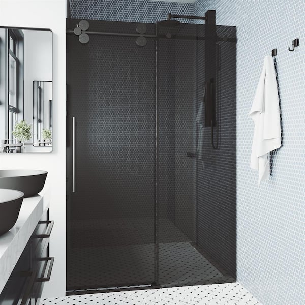 VIGO Elan 68 to 72 in. W x 74 in. H Sliding Frameless Shower Door in Matte Black with 3/8 in. (10mm) Black Tint Glass