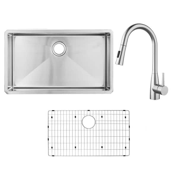 32 in. Handmade Tiny Radius Undermount Single Bowl 16 Gauge Stainless Steel Kitchen Sink with Pull-Out Sprayer Faucet