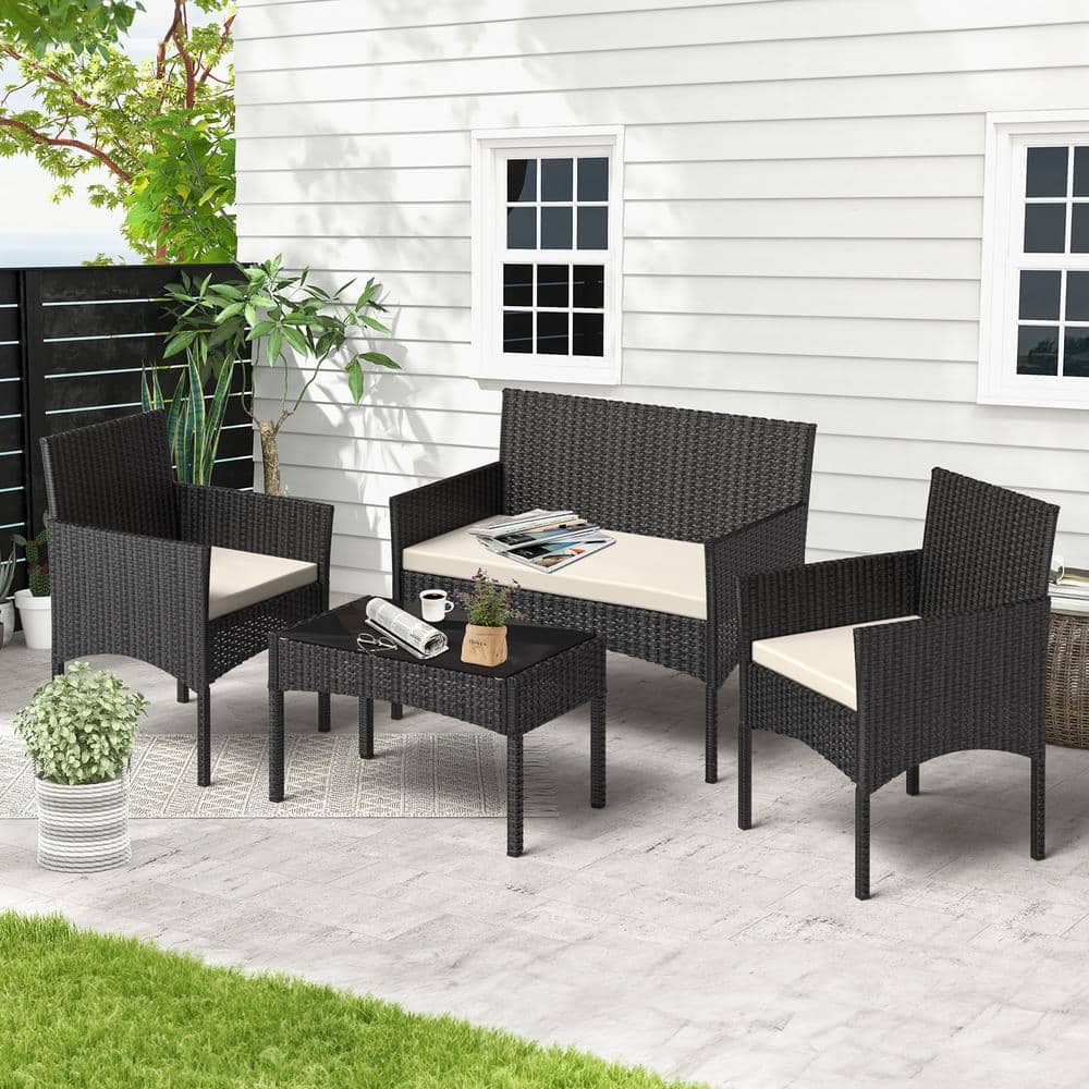 4-Pieces Wicker Patio Conversation, Outdoor Patio Furniture Set, Patio Table and Chairs with Beige Cushions, Black price history on PriceWatchPro
