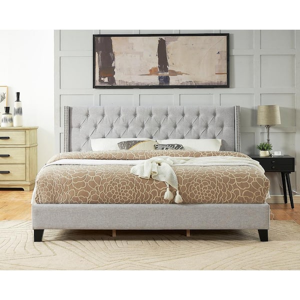 Nathaniel Home Elijah Silver Gray Wood Frame Queen Platform Bed with Wingback Upholstered Tufting Headboard