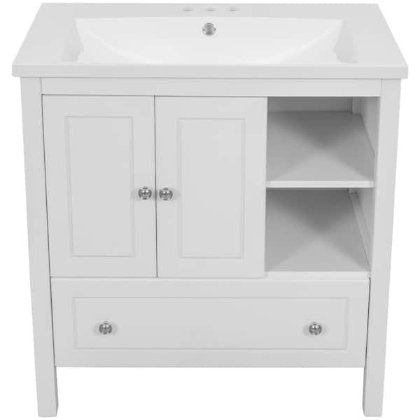 JimsMaison 30 in. W x 18. in D. x 32 in. H Bath Vanity in White with White Ceramic Top