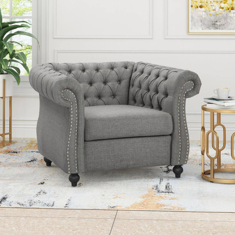 Dark Gray Velvet Chesterfield Accent Chair with Birch Wood Legs