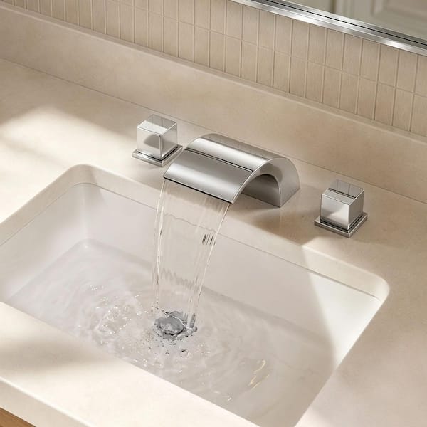 Modern 3 Hole Waterfall 8 in. Widespread Double Handle Bathroom Faucet in Polished Chrome Pop-Up Drain Included