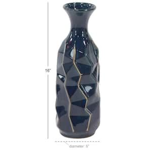 15 in. Blue Faceted Ceramic Decorative Vase with Gold Accents