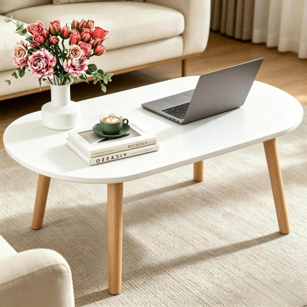 31.5 in Oval Coffee Table with Solid Wood Legs, Modern Low Floor Table Desk for Small Spaces, White price history on PriceWatchPro