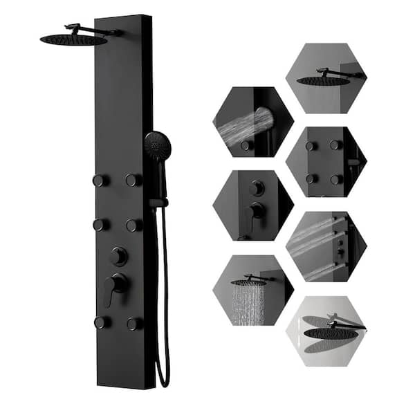 HOMEMYSTIQUE 3-in-One 6-Jet Shower Panel Tower System With Adjust Rainfall Waterfall Shower Head,and Massage Body Jets in Matte Black