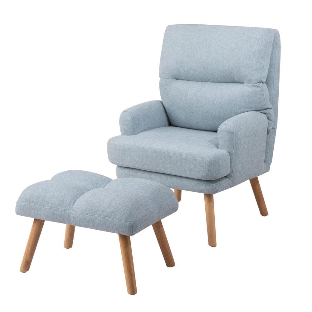 Blue Fabric Arm Accent Chair with Ottoman Set Wood Legs and Adjustable Back