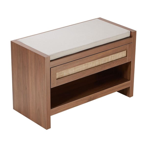 SKYSHALO Rattan Bench, 30.9 in. Rattan Shoe Bench, Entryway Bench w/ Storage Drawer and Linen Seat Cushion, Farmhouse Boho Bench