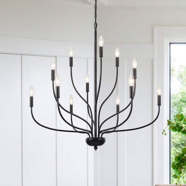 12-Light Large Modern Farmhouse Black Chandelier Classic Candlestick Dining Room Pendant Light