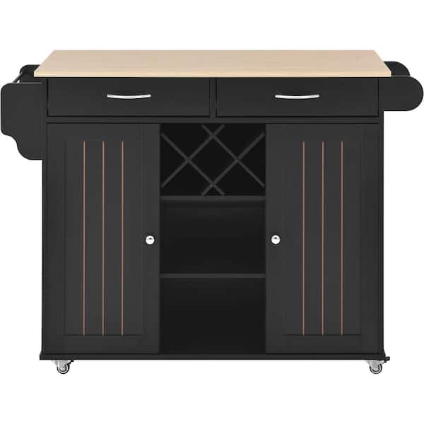 Unbranded Classic Black Wood 48 in. Kitchen Island with 2 Storage Cabinets and 4 Locking Wheels, Wine Rack, 2-Drawers, Racks