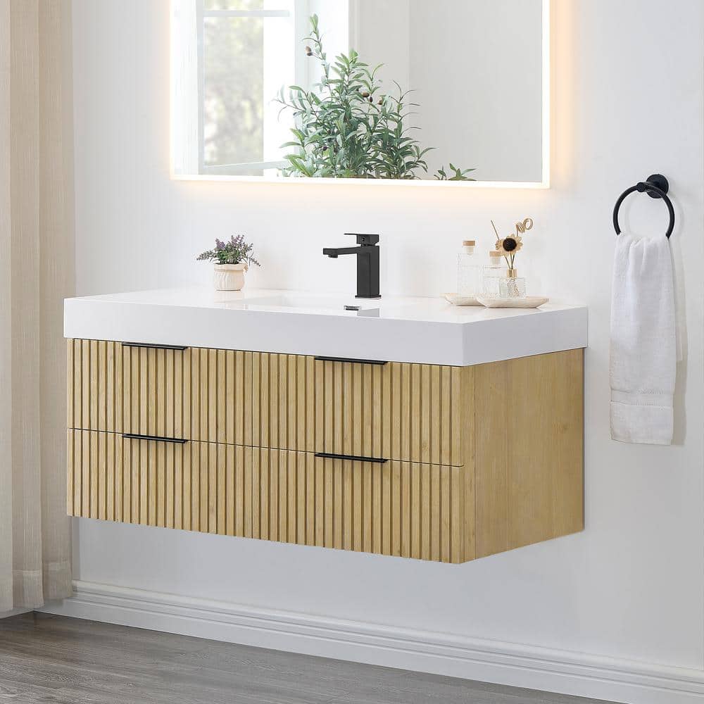 Livia 48" Nature Brown Fir Wood Wall-Mounted Vanity with White Sink