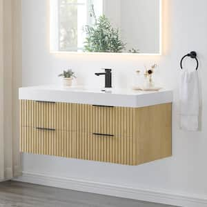 Livia 48 in. W Single Sink Floating Bath Vanity in Nature Brown with White Stone Top