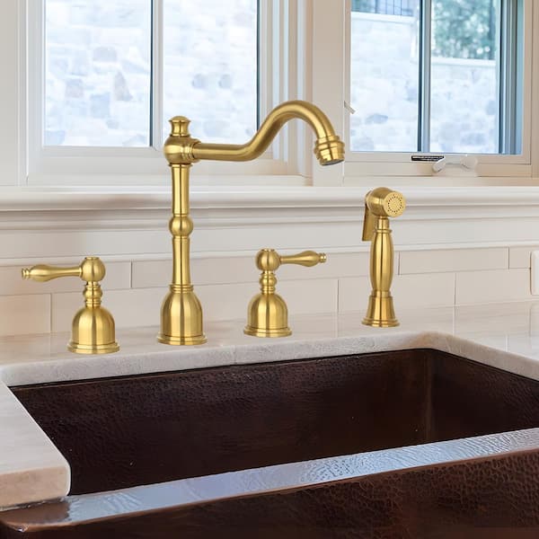 2-Handles Deck Mount Standard Kitchen Faucet with Side Spray in Brushed Gold