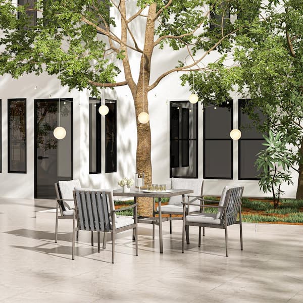 EGEIROSLIFE Sleek Line 5-Piece Aluminum Rectangular Outdoor Dining Set with Light Gray Cushions