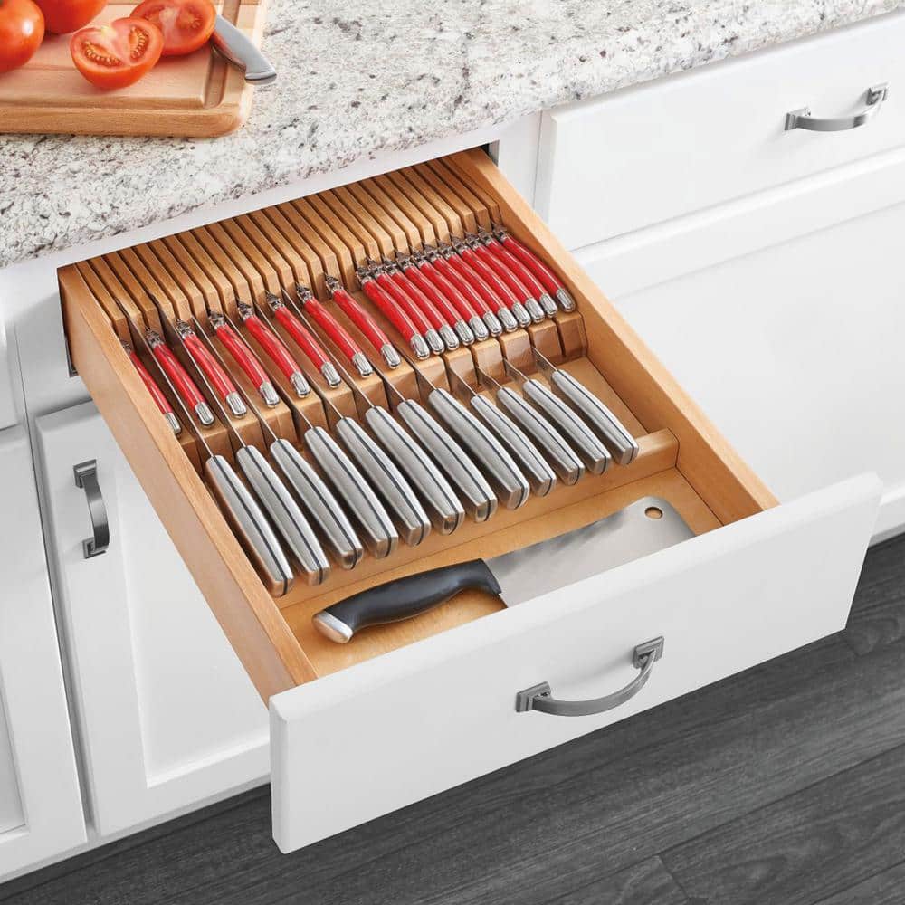 Natural Maple Wood Dual Row Knife Block Drawer Organizer Insert