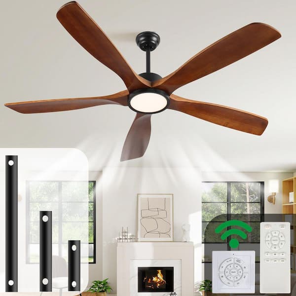 60 in. Indoor Brown Modern Ceiling Fan with LED Light with Remote Included, Downrod Mount