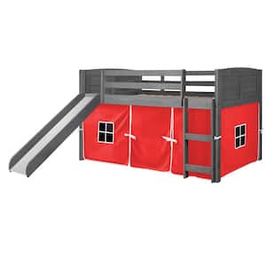 Antique Grey Twin Louver Low Loft Bed with Slide and Red Tent Kit