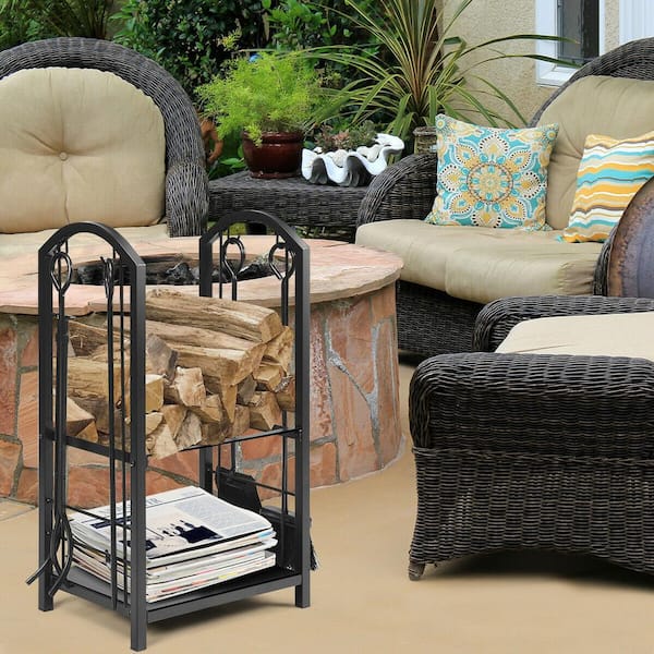 12 in. Fireplace Log Rack with 4-Tools Set Fireside Firewood Holder