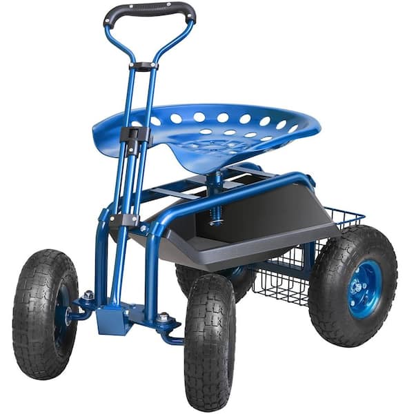 Rolling Garden Work Seat 360-Degree Swivel Gardening Stool Cart with Steering Handle 10 in. Tires Utility Tray Blue