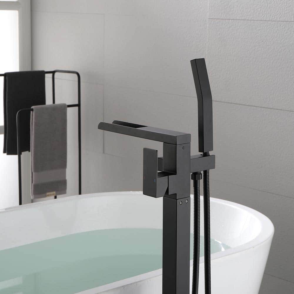Matte Black Freestanding Floor Mount Tub Faucet with Hand Shower