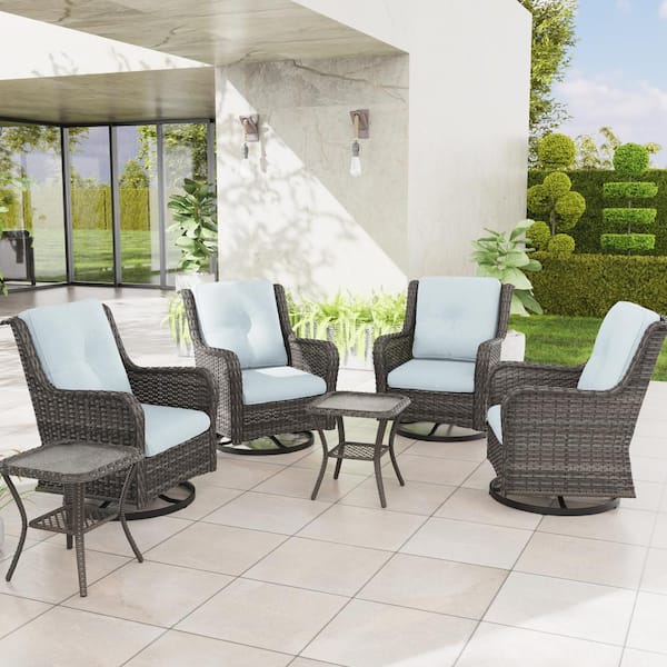 JOYSIDE 6-Piece Wicker Patio Conversation Set with All-Weather Swivel Rocking Chairs Baby Blue Cushions