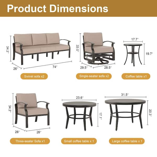 8-Piece Aluminum Patio Conversation Set with 1 Big Round Table, 1 Small Round Table and Cushion Khaki