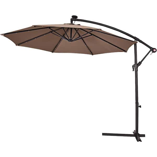 HONEY JOY 10 ft. Metal Cantilever Solar Patio Umbrella LED Sun Shade Offset W/Base in Tan