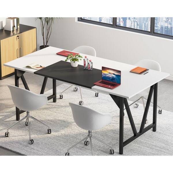 BYBLIGHT Capen 70.8 in. Retangular White Stitch Black 6 ft. Conference Room Table Meeting Computer Desk for 6 with M-Shaped Frame