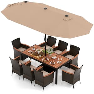10-Piece Wood Outdoor Dining Set with 15  ft. Brown Double-Sided Twin Patio Umbrella and Beige Cushion