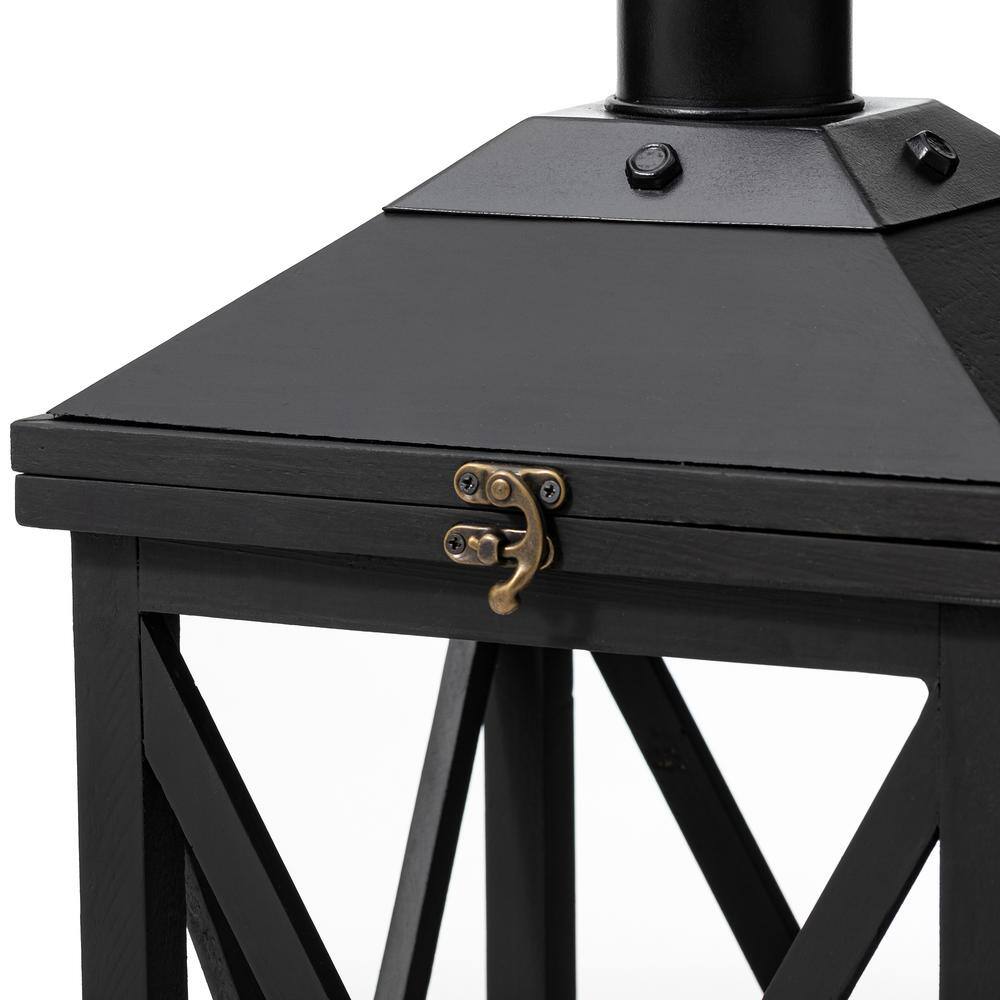 Distressed Black Wood and Metal Floor Candle Lanterns Set