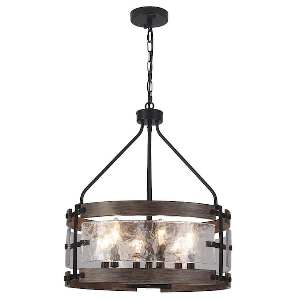 6-Light Black and Imitation Wood Grain Farmhouse Candle Chandelier, Adjustable Height Pendant Light
