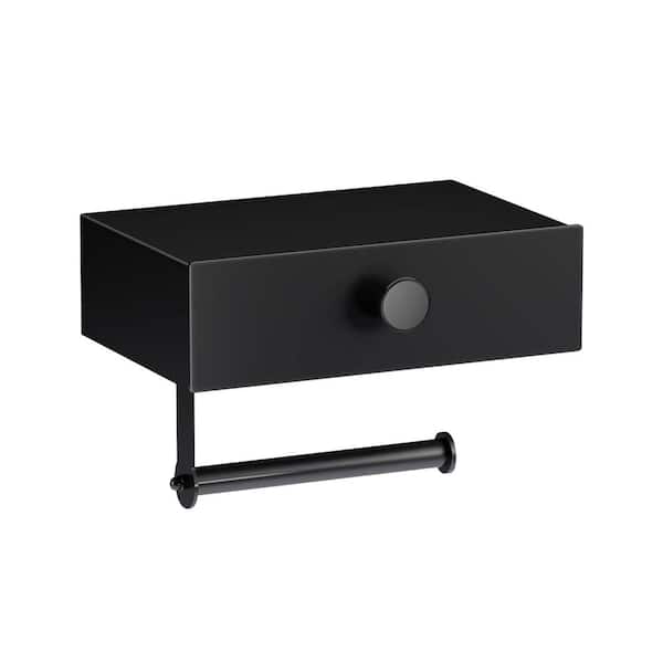 Flynama Wall Mount Toilet Paper Holder with Storage Drawer in Matte Black